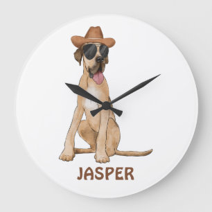 Cowboy Great Dane Dog Illustration Large Clock