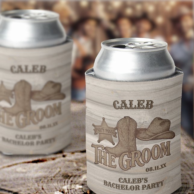 Cowboy Groom Rustic Woodcut Fun Bachelor Party Can Cooler (Creator Uploaded)