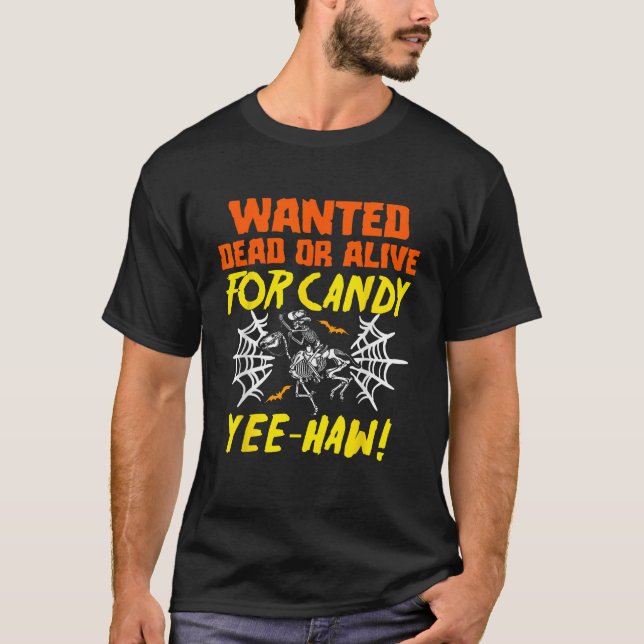 Cowboy Halloween Ghouls Skeleton Pumpkin Horse Rid T-Shirt (Front)