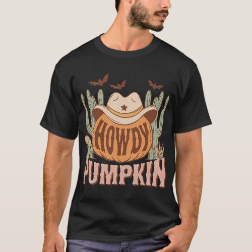 Cowboy Halloween Western Style Howdy Pumpkin Bats  T_Shirt
