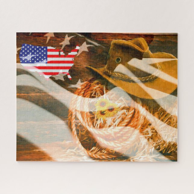 Cowboy Hat American Flag Sunrays Jigsaw Puzzle (Horizontal)