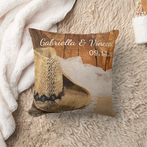 Cowboy Hat and Barn Wood Country Wedding Pillow