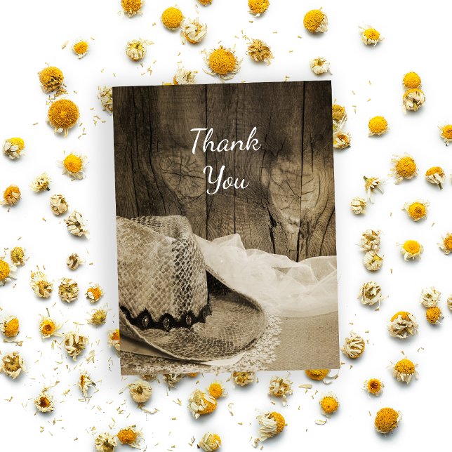 Cowboy Hat and Barn Wood Country Wedding Thank You Postcard (Creator Uploaded)