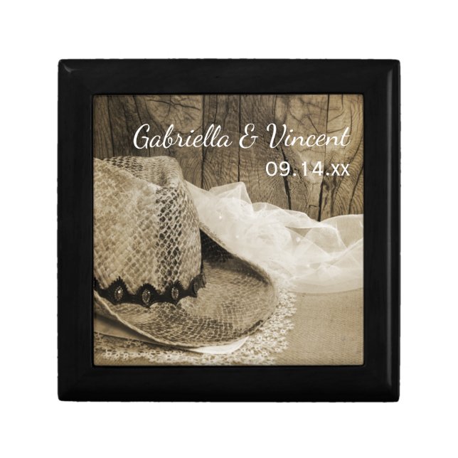 Cowboy Hat and Barn Wood Country Western Wedding Gift Box (Front)