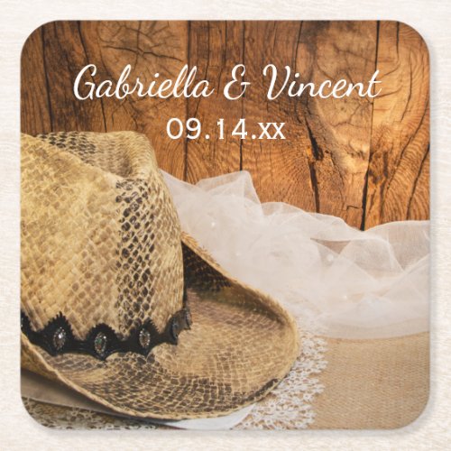 Cowboy Hat and Barn Wood Country Western Wedding Square Paper Coaster