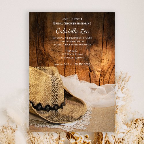 Cowboy Hat and Barn Wood Western Bridal Shower Invitation