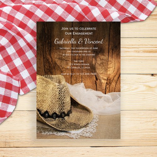 Cowboy Hat and Barn Wood Western Engagement Party Invitation