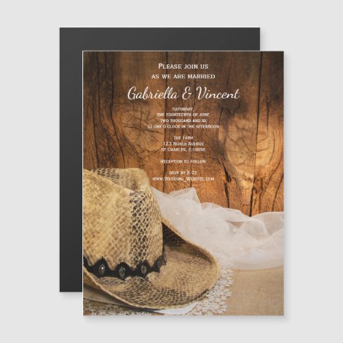 Cowboy Hat and Barn Wood Western Wedding Magnetic Invitation