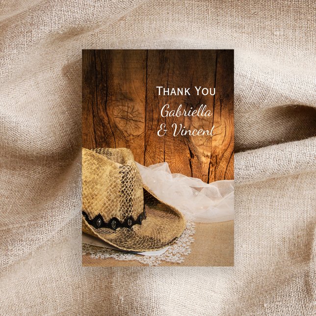 Cowboy Hat and Barn Wood Western Wedding Thank You Card (Creator Uploaded)