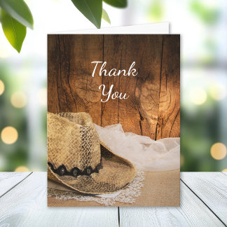 Cowboy Hat and Barn Wood Western Wedding Thank You Card