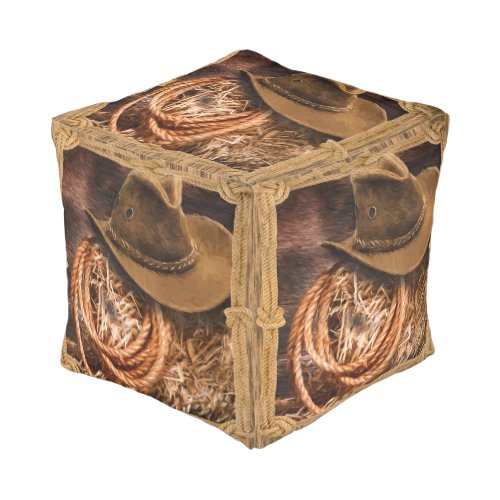 Cowboy hat and lariat on straw bale pouf