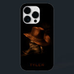 Cowboy Hat and Leather Boots Masculine Personalize Case-Mate iPhone 14 Pro Case<br><div class="desc">A pair of black leather cowboy boots stand on the floor with a brown cowboy hat draped over the top. Personalize by editing the text or delete text for no name.</div>