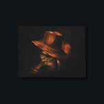 Cowboy Hat and Leather Boots Rustic Masculine Canvas Print<br><div class="desc">A pair of black leather cowboy boots stand on the floor with a brown cowboy hat draped over the top.</div>