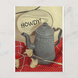 Cowboy hat at the table with the coffee pot postcard