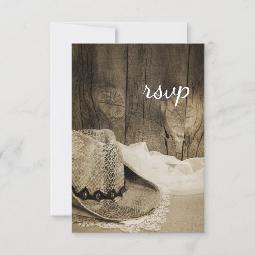 Cowboy Hat Barn Wood Country Wedding RSVP Sepia