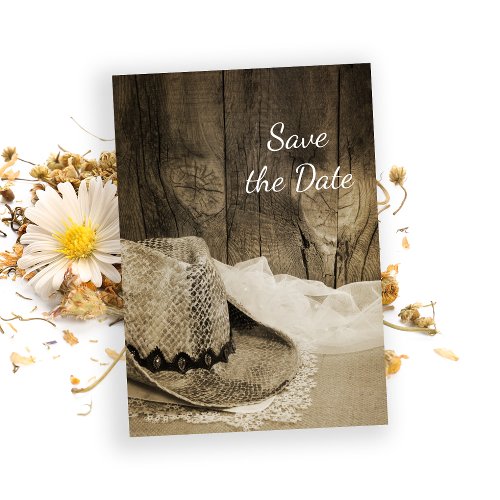 Cowboy Hat Barn Wood Western Wedding Save the Date