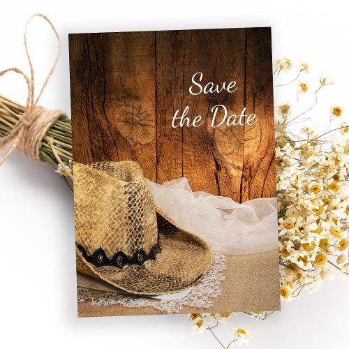 Cowboy Hat Barn Wood Western Wedding Save the Date Invitation