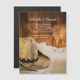 Cowboy Hat Barn Wood Western Wedding Save the Date Magnetic Invitation