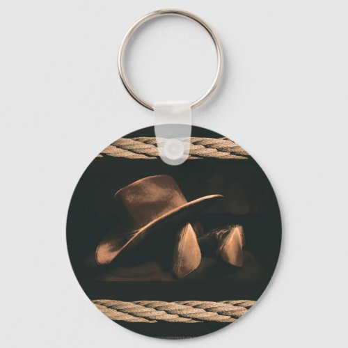 Cowboy hat boots and rope western style masculine keychain