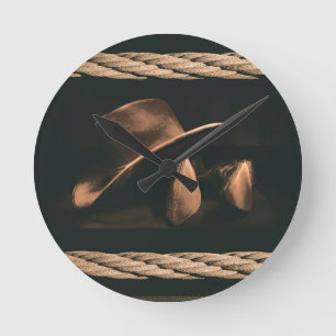 Cowboy hat, boots and rope western style masculine round clock