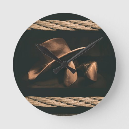 Cowboy hat boots and rope western style masculine round clock