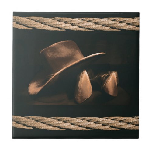 Cowboy hat boots and rope western style masculine tile