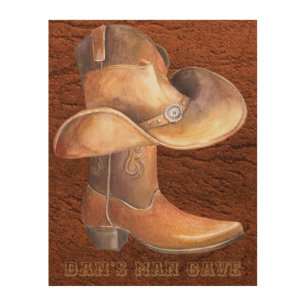 Cowboy Hat & Boots on Leather Country Music Wood Wall Art