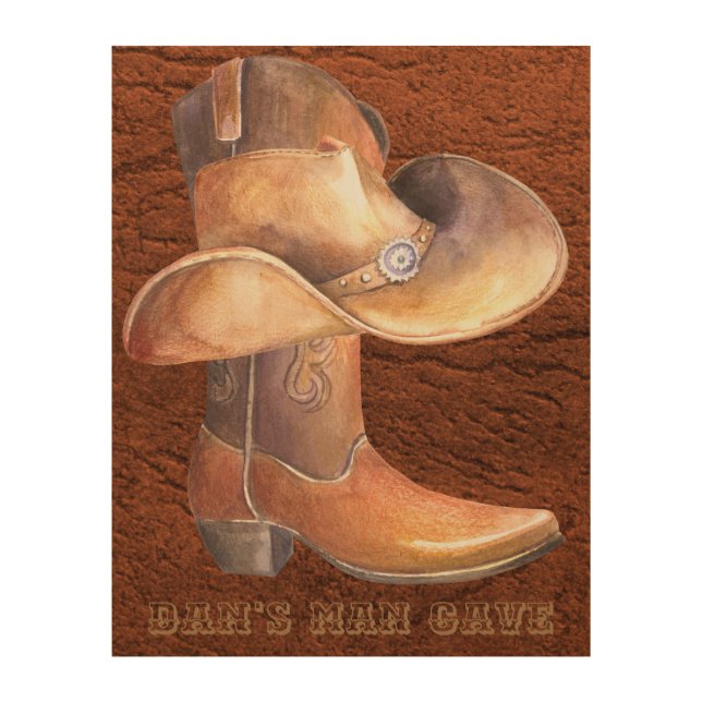 Cowboy Hat & Boots on Leather Country Music Wood Wall Art (Front)