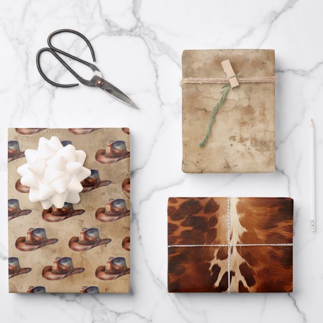 Cowboy Hat Cowhide Wrapping Paper Sheets (Front)
