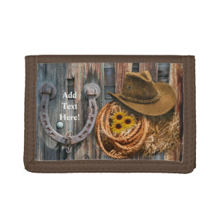 Cowboy Hat Horseshoe Lasso Rustic Barn Board Trifold Wallet