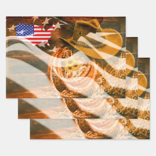 Cowboy Hat Lasso American Flag Sunrays Wrapping Paper Sheets