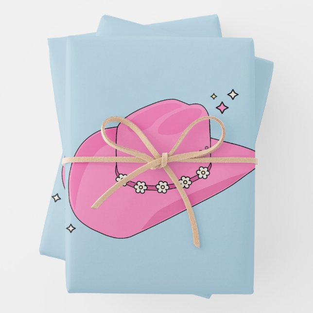 Cowboy Hat Preppy Pink And Blue Wrapping Paper Sheets (In situ)