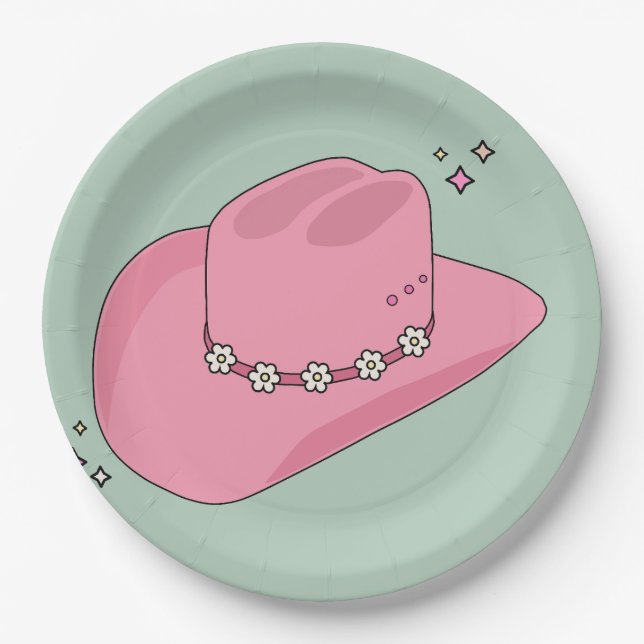 Cowboy Hat Preppy Pink And Green Paper Plates (Front)