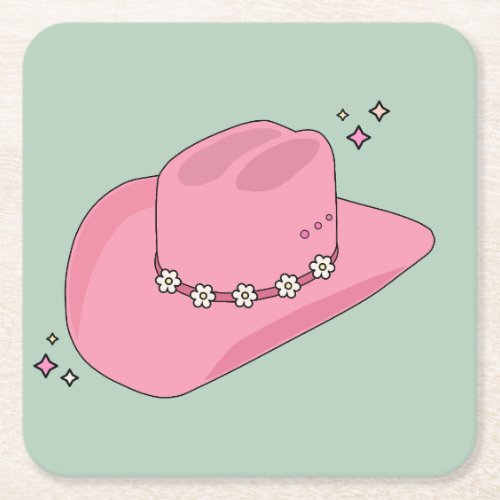 Cowboy Hat Preppy Pink And Green Square Paper Coaster