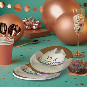 Cowboy hat rhinestones & party name of your choice paper plates