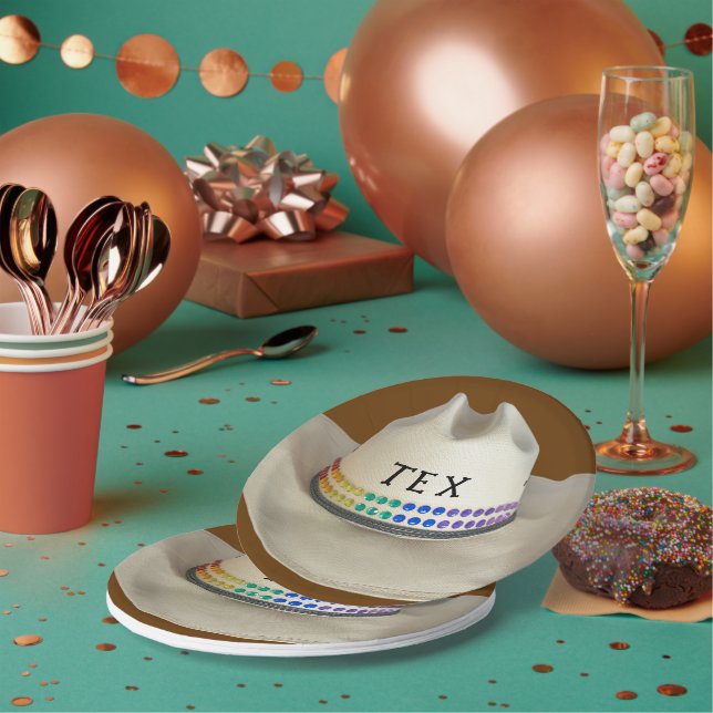 Cowboy hat rhinestones & party name of your choice paper plates (Multi)