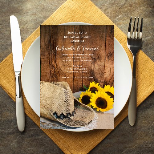 Cowboy Hat Sunflower Barn Wedding Rehearsal Dinner Invitation