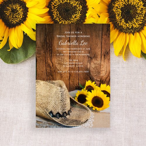 Cowboy Hat Sunflowers and Barn Wood Bridal Shower Invitation