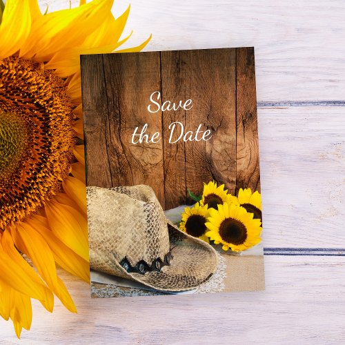 Cowboy Hat Sunflowers Barn Wedding Save the Date Invitation