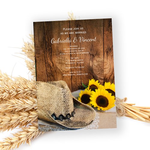 Cowboy Hat Sunflowers Barn Wood Country Wedding Invitation