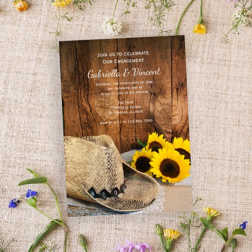 Cowboy Hat Sunflowers Barn Wood Engagement Party Invitation