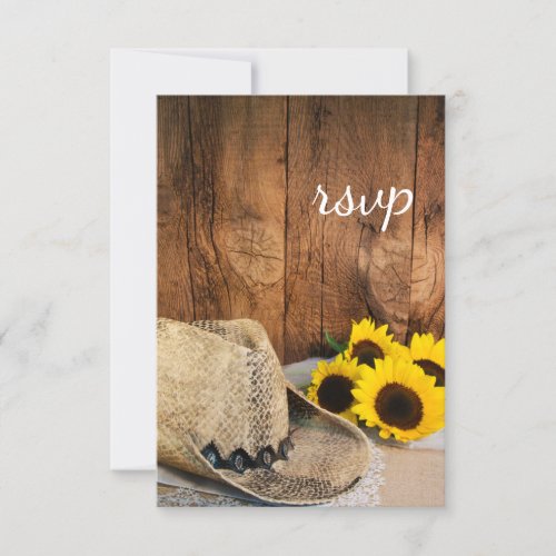 Cowboy Hat Sunflowers Barn Wood Wedding RSVP Card