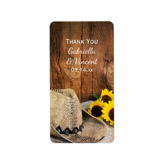 Cowboy Hat Sunflowers Barn Wood Wedding Thank You Label (Front)