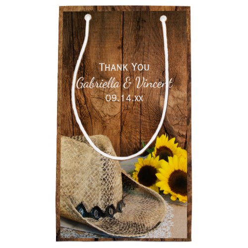 Cowboy Hat Sunflowers Barn Wood Wedding Thank You Small Gift Bag