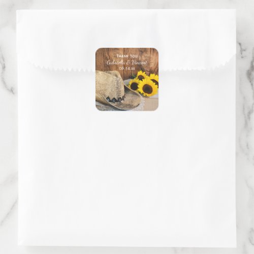 Cowboy Hat Sunflowers Barn Wood Wedding Thank You Square Sticker