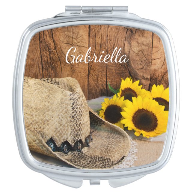 Cowboy Hat, Sunflowers, Barn Wood Western Wedding Compact Mirror (Front)