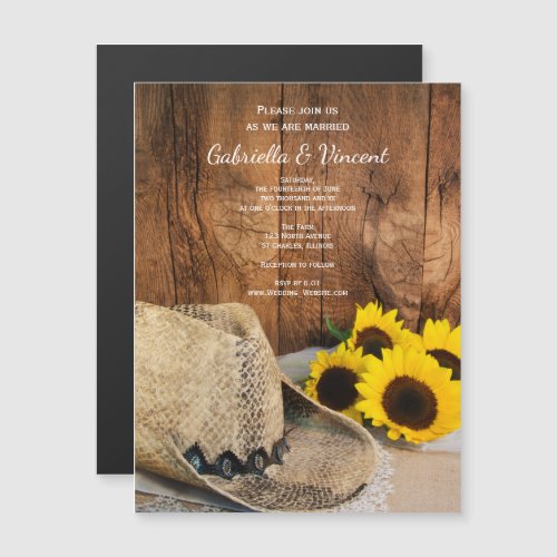 Cowboy Hat Sunflowers Barn Wood Western Wedding Magnetic Invitation