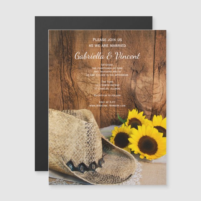 Cowboy Hat, Sunflowers Barn Wood Western Wedding Magnetic Invitation (Front/Back)
