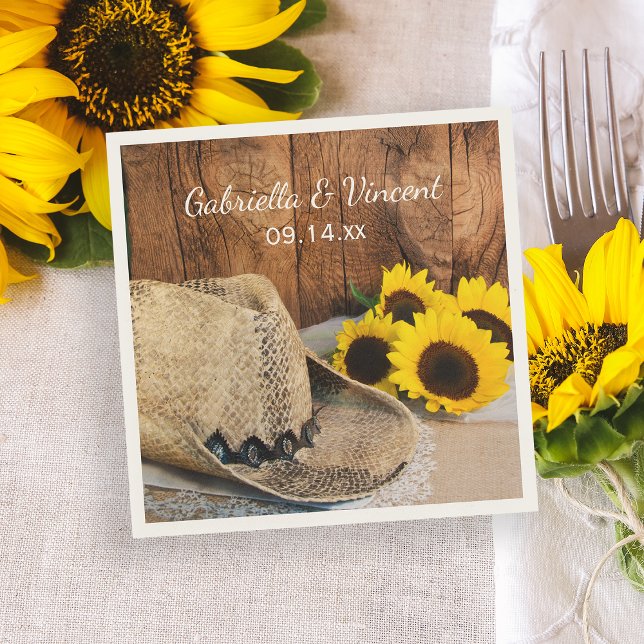 Cowboy Hat, Sunflowers, Barn Wood Western Wedding Napkins (Creator Uploaded)