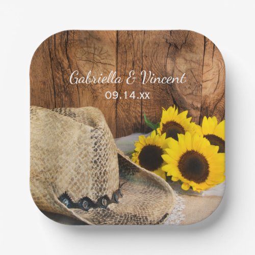 Cowboy Hat Sunflowers Barn Wood Western Wedding Paper Plates